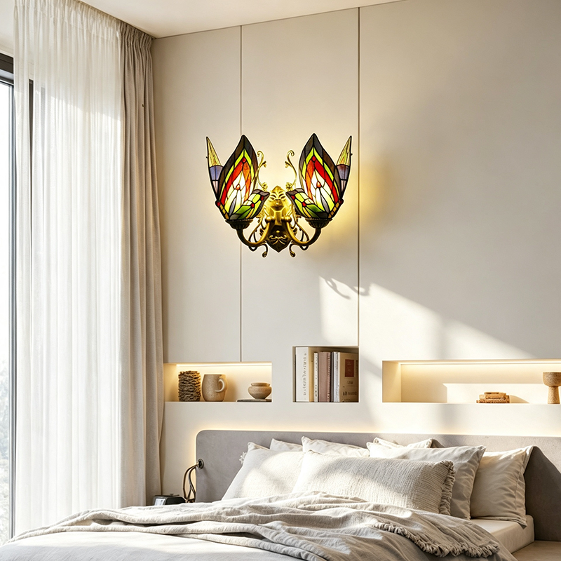 Tiffany Iron Butterfly-shaped 2-Light Wall Sconce Lamp