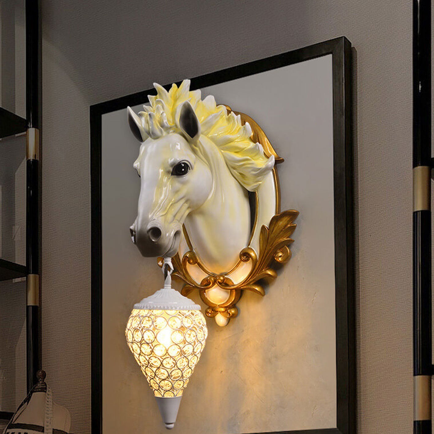 European Resin Horse Head Lantern 1-Light Wall Sconce Lamp