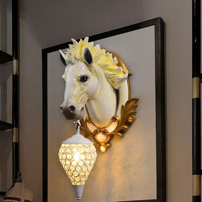 European Resin Horse Head Lantern 1-Light Wall Sconce Lamp