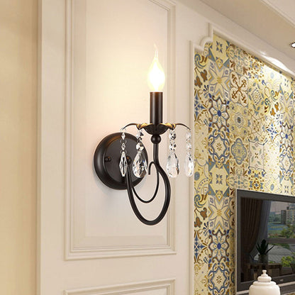European Wrought Iron Crystal 1-Light Wall Sconce Lamp
