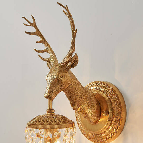 Luxury Deer Head Brass Crystal 1-Light Wall Sconce Lamp