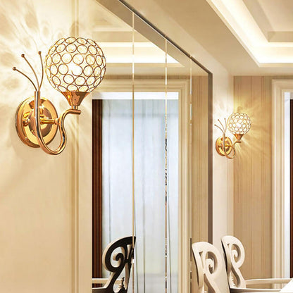 European Crystal Ball Curved Arm 1-Light Wall Sconce Lamp