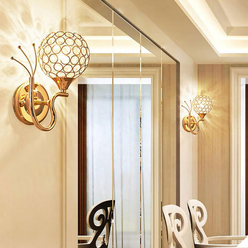 European Crystal Ball Curved Arm 1-Light Wall Sconce Lamp