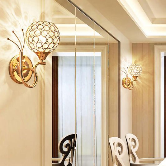 European Crystal Ball Curved Arm 1-Light Wall Sconce Lamp