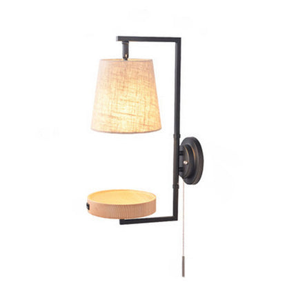 Light Wood Wrought Iron Fabric 1-Light Wall Sconce Lamp