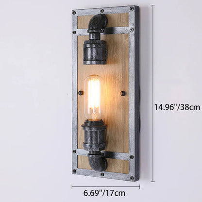 Industrial Pine Wood Iron Cage 1-Light Wall Sconce Lamp