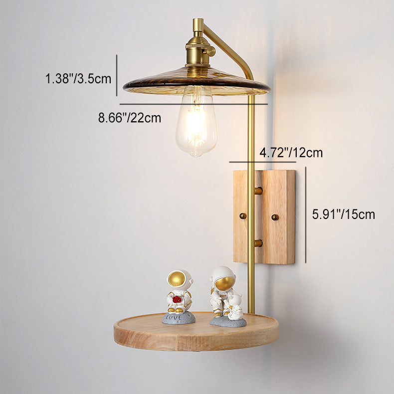 Traditional Round Wood Iron Glass 1-Light Wall Sconce Lamp