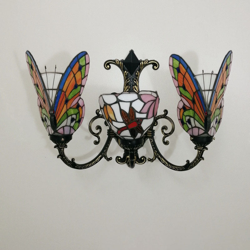 Tiffany Butterfly Alloy Iron Glass 3-Light Wall Sconce Lamp