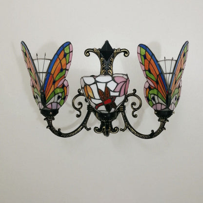 Tiffany Butterfly Alloy Iron Glass 3-Light Wall Sconce Lamp