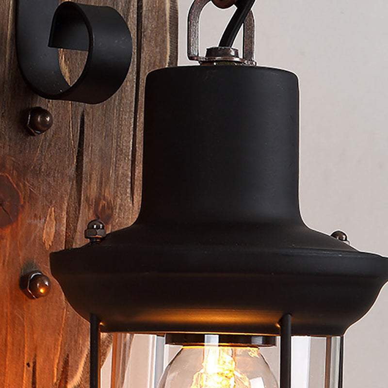Traditional Farmhouse Wood Disc Iron Shade 1-Light Wall Sconce Lamp For Dining Room