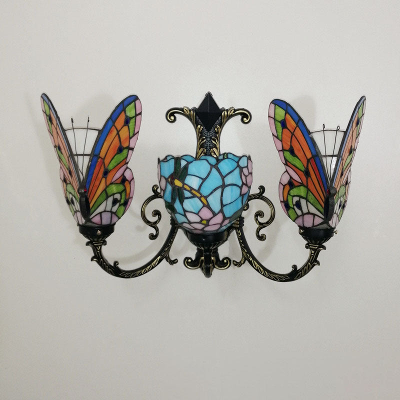 Tiffany Butterfly Alloy Iron Glass 3-Light Wall Sconce Lamp