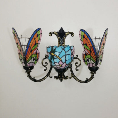 Tiffany Butterfly Alloy Iron Glass 3-Light Wall Sconce Lamp
