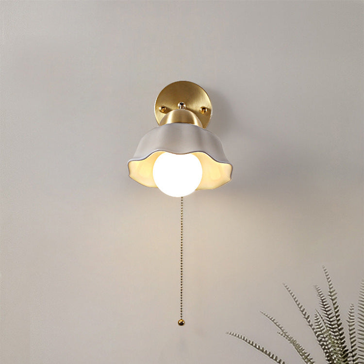 Floral Copper Ceramic Pull Cord 1-Light Wall Sconce Lamp