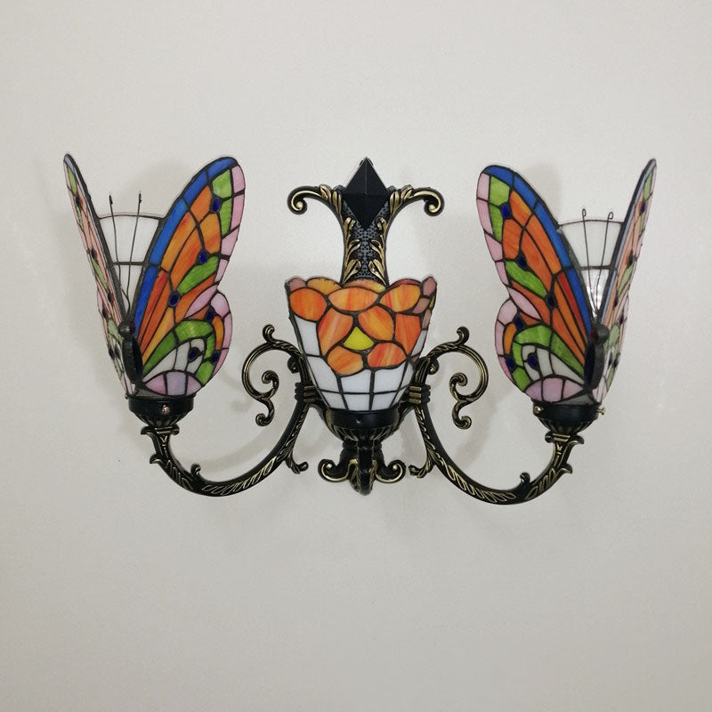 Tiffany Butterfly Alloy Iron Glass 3-Light Wall Sconce Lamp