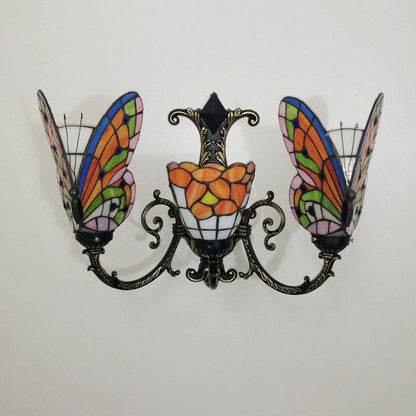 Tiffany Butterfly Alloy Iron Glass 3-Light Wall Sconce Lamp