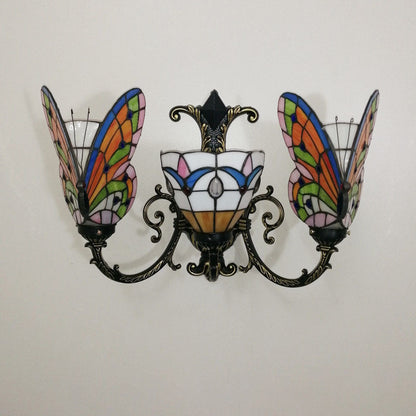Tiffany Butterfly Alloy Iron Glass 3-Light Wall Sconce Lamp