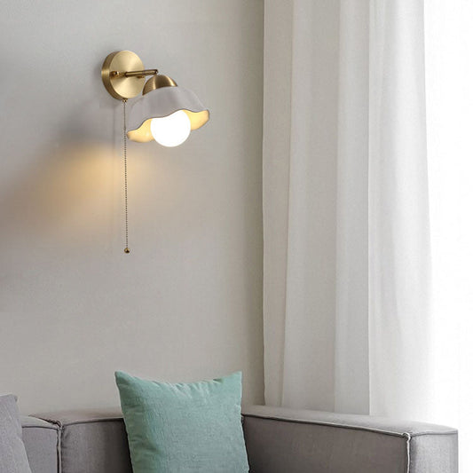 Floral Copper Ceramic Pull Cord 1-Light Wall Sconce Lamp