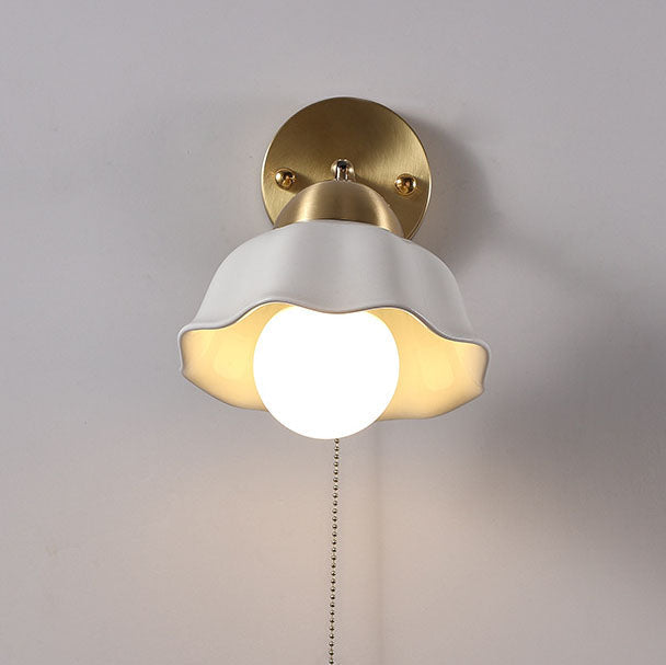 Floral Copper Ceramic Pull Cord 1-Light Wall Sconce Lamp