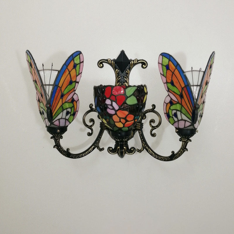 Tiffany Butterfly Alloy Iron Glass 3-Light Wall Sconce Lamp