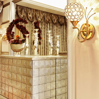 European Crystal Ball Curved Arm 1-Light Wall Sconce Lamp