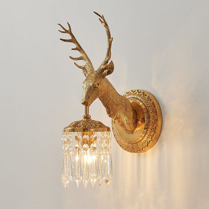 Luxury Deer Head Brass Crystal 1-Light Wall Sconce Lamp