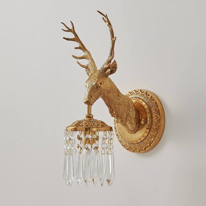Luxury Deer Head Brass Crystal 1-Light Wall Sconce Lamp