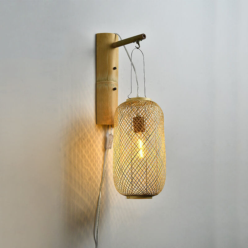 Bamboo Weaving Column Lantern 1-Light Wall Sconce Lamp