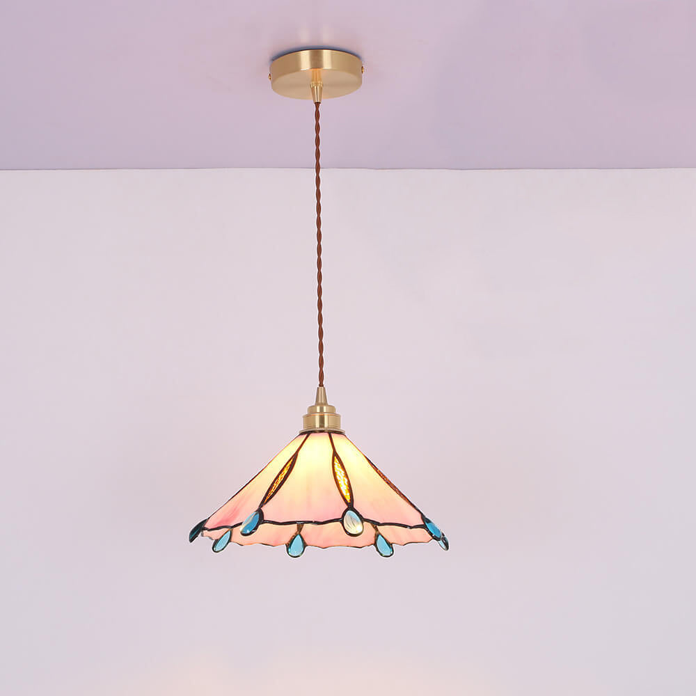 Vintage Tiffany Stained Glass Umbrella Shape 1-Light Pendant Light