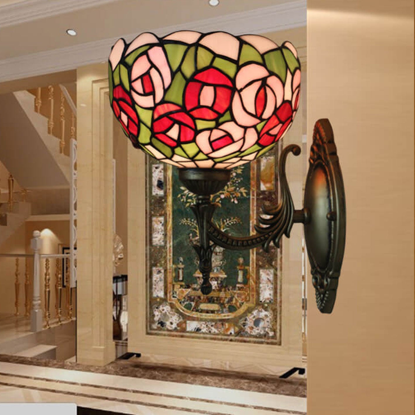 Tiffany Rose Stained Glass Bowl 1-Light Wall Sconce Lamp