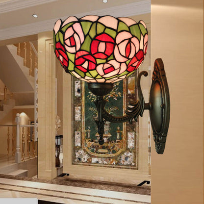 Tiffany Rose Stained Glass Bowl 1-Light Wall Sconce Lamp
