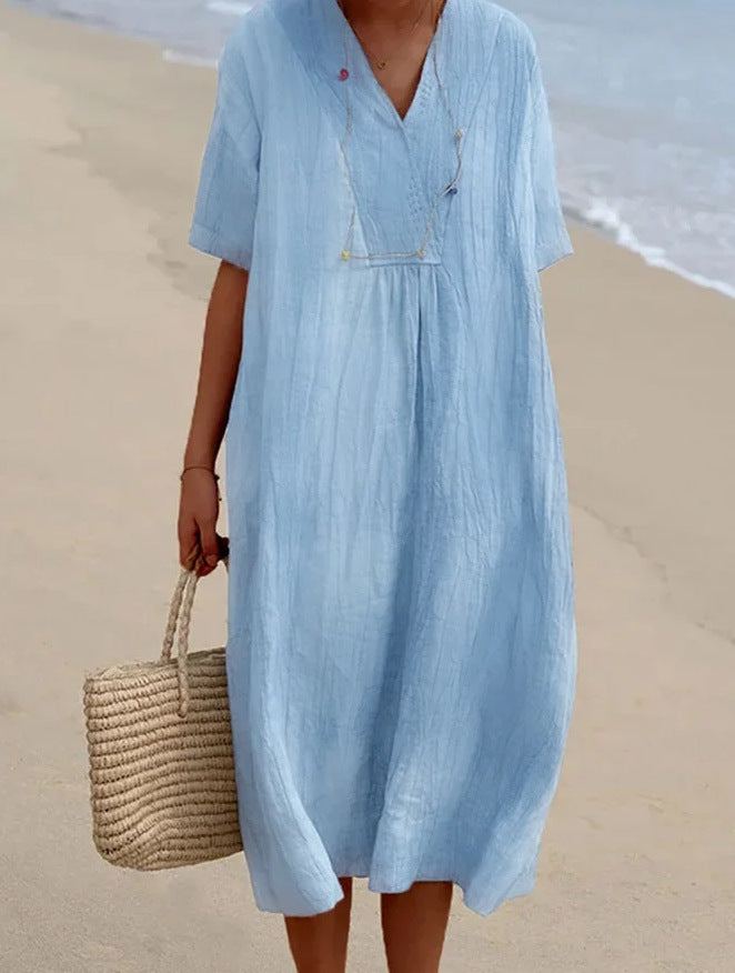 Lightweight Beach Dress with V-Neck & Slip-On Design