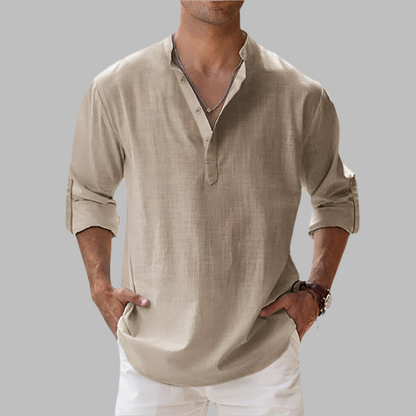 Linen Button-Down Shirt with Relaxed Fit & Collar