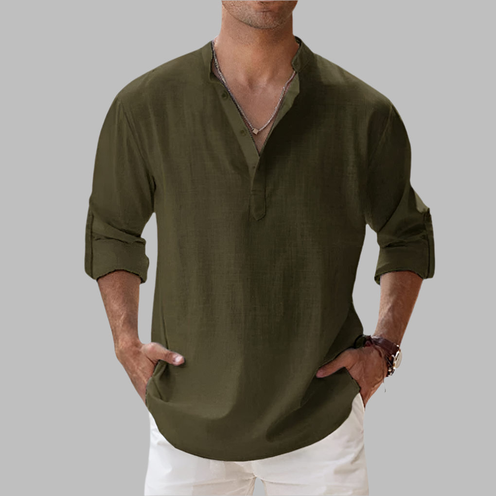 Linen Button-Down Shirt with Relaxed Fit & Collar