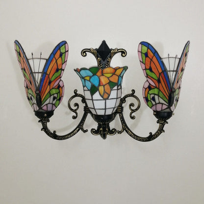 Tiffany Butterfly Alloy Iron Glass 3-Light Wall Sconce Lamp