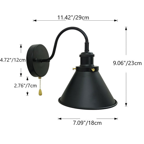 Iron Black Cone 1-Light Pull Cord Wall Sconce Lamp