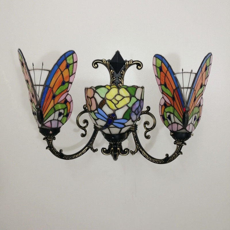 Tiffany Butterfly Alloy Iron Glass 3-Light Wall Sconce Lamp