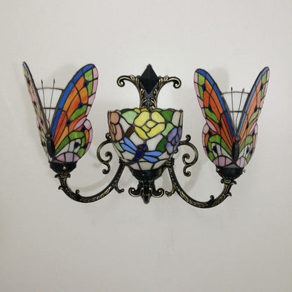 Tiffany Butterfly Alloy Iron Glass 3-Light Wall Sconce Lamp
