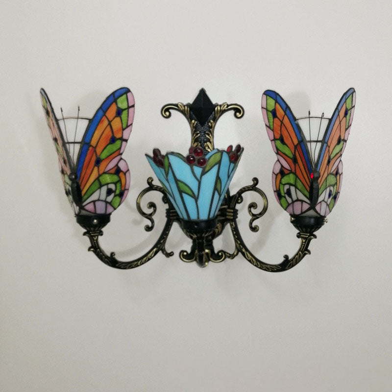 Tiffany Butterfly Alloy Iron Glass 3-Light Wall Sconce Lamp