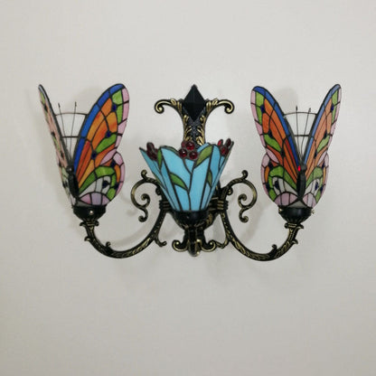 Tiffany Butterfly Alloy Iron Glass 3-Light Wall Sconce Lamp