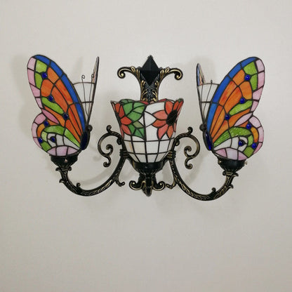 Tiffany Butterfly Alloy Iron Glass 3-Light Wall Sconce Lamp