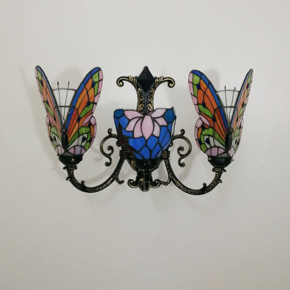Tiffany Butterfly Alloy Iron Glass 3-Light Wall Sconce Lamp
