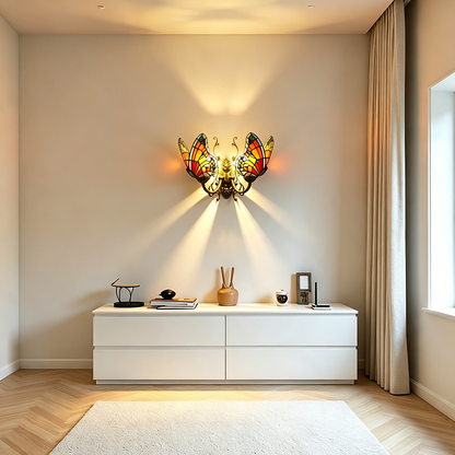 Tiffany Iron Butterfly-shaped 2-Light Wall Sconce Lamp