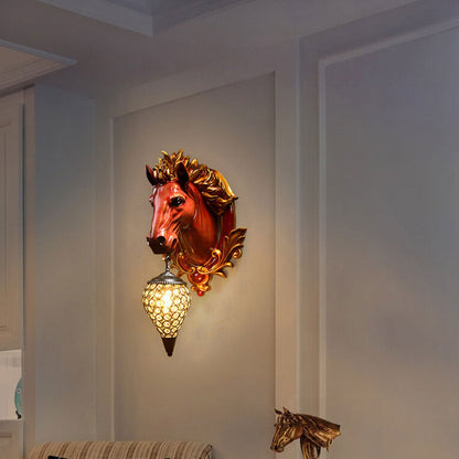 European Resin Horse Head Lantern 1-Light Wall Sconce Lamp