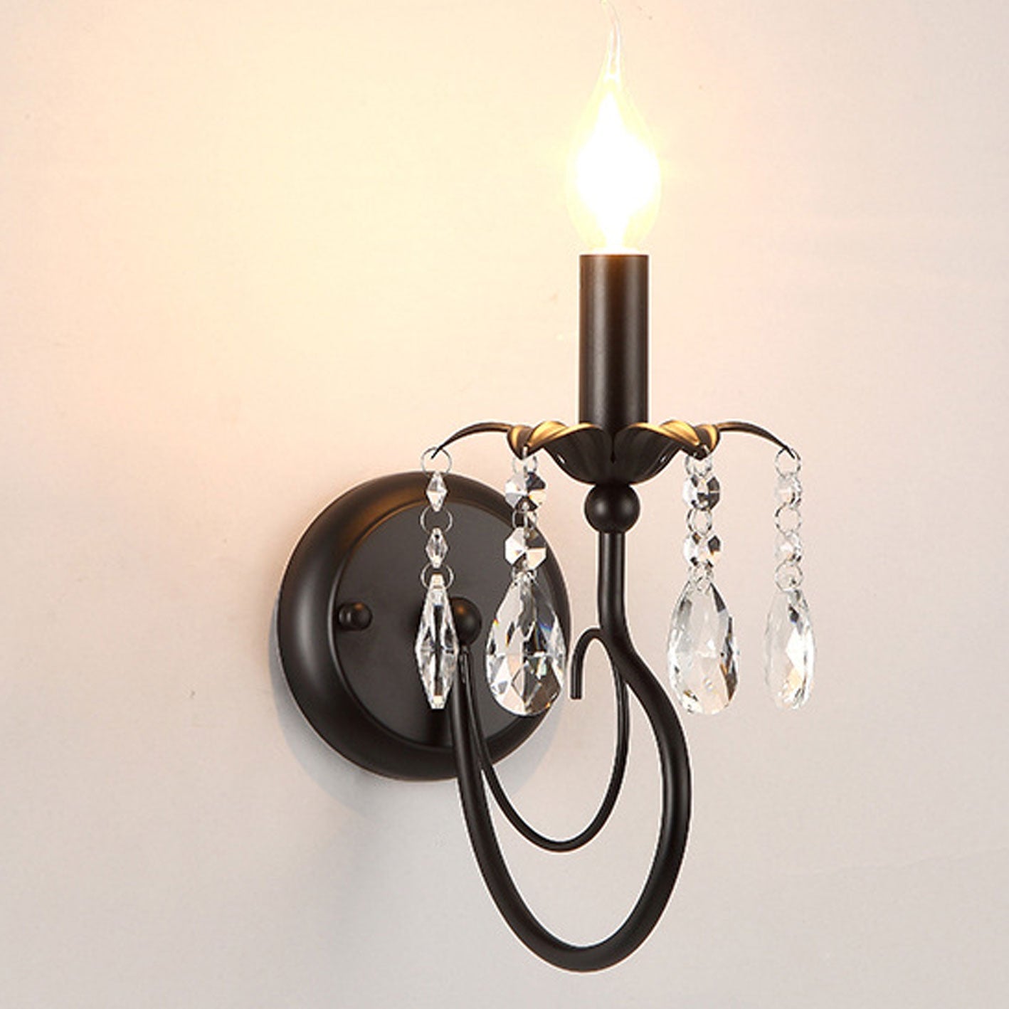 European Wrought Iron Crystal 1-Light Wall Sconce Lamp