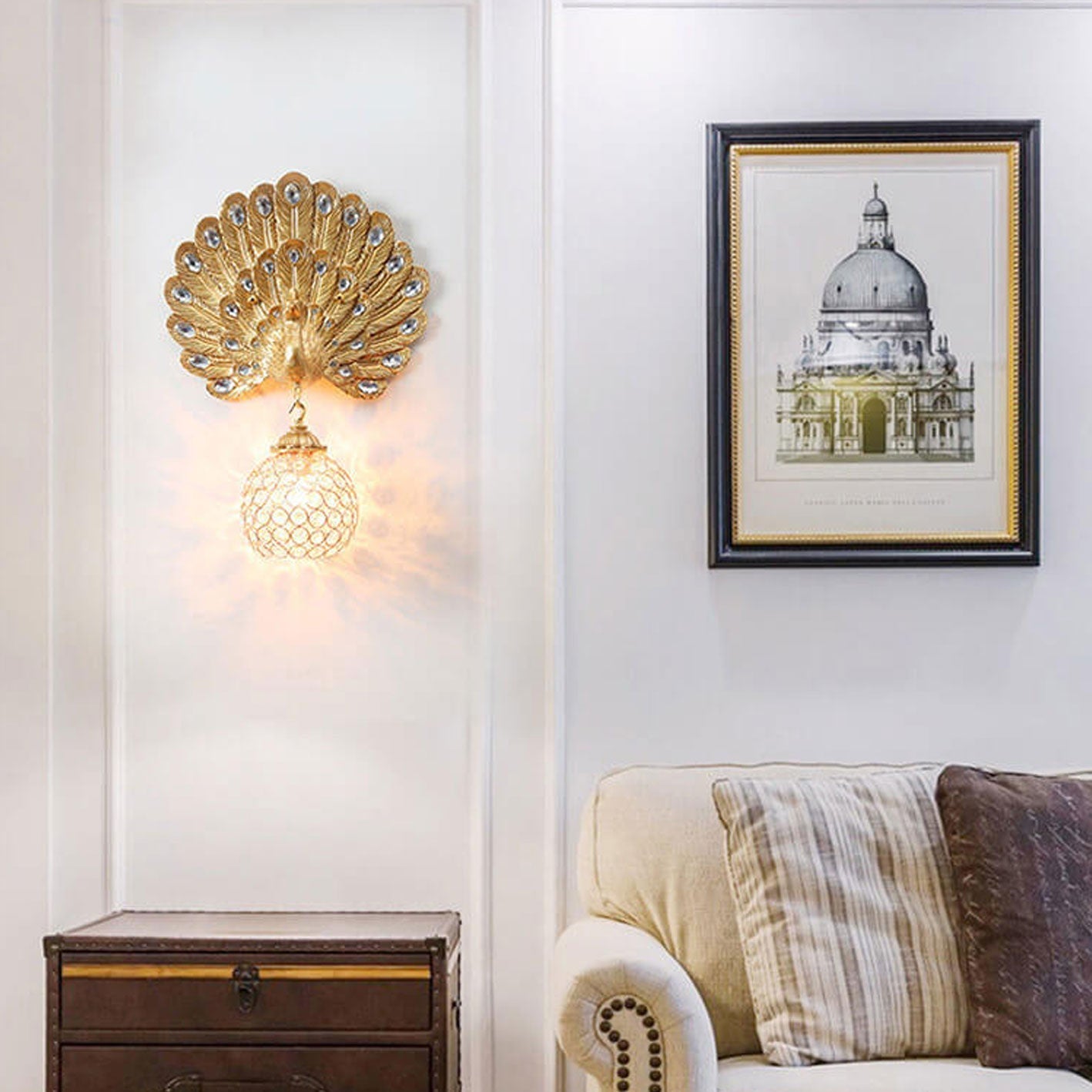European Crystal Peacock Shape 1-Light Wall Sconce Lamp