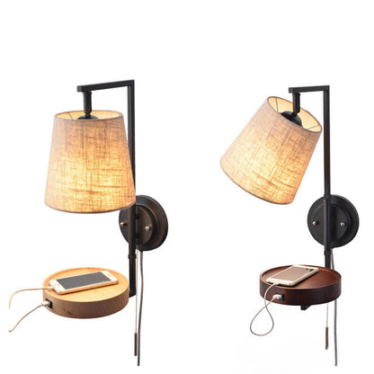 Light Wood Wrought Iron Fabric 1-Light Wall Sconce Lamp