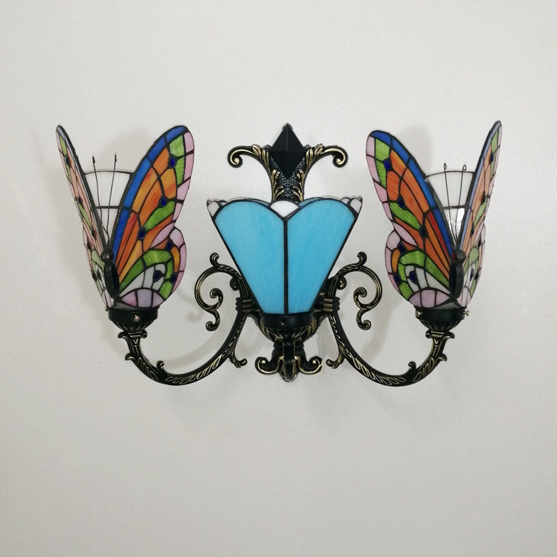 Tiffany Butterfly Alloy Iron Glass 3-Light Wall Sconce Lamp