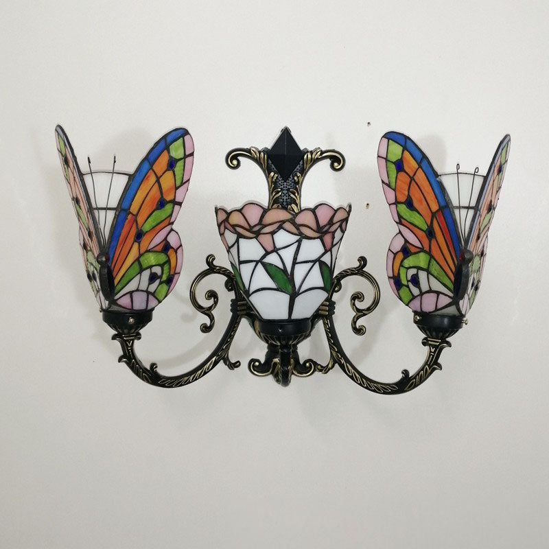 Tiffany Butterfly Alloy Iron Glass 3-Light Wall Sconce Lamp