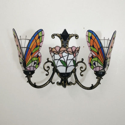 Tiffany Butterfly Alloy Iron Glass 3-Light Wall Sconce Lamp