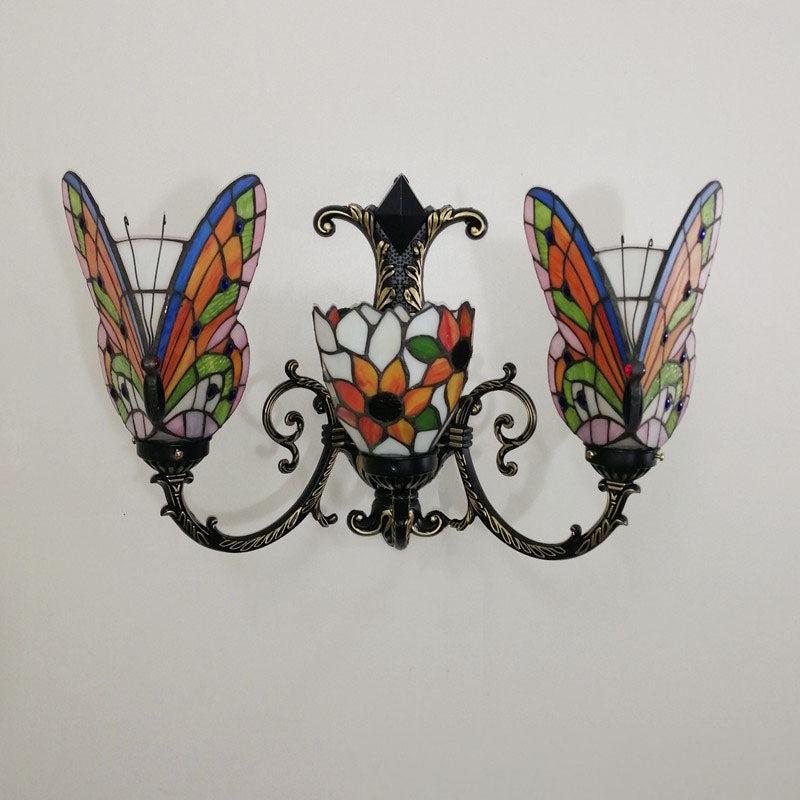 Tiffany Butterfly Alloy Iron Glass 3-Light Wall Sconce Lamp